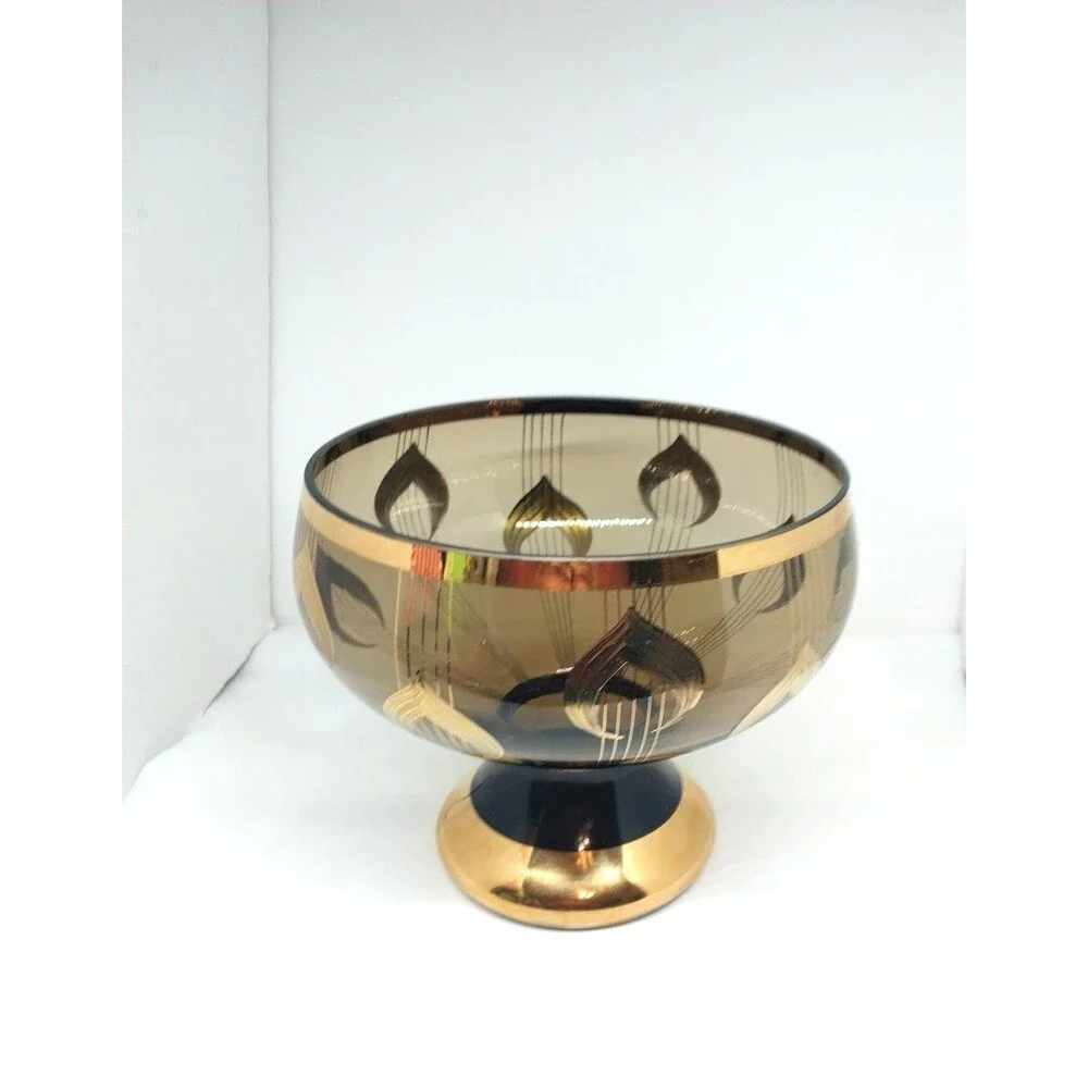 Vintage Large 1970's Murmac Bohemia Glass and Gold Fruit Pedestal Bowl